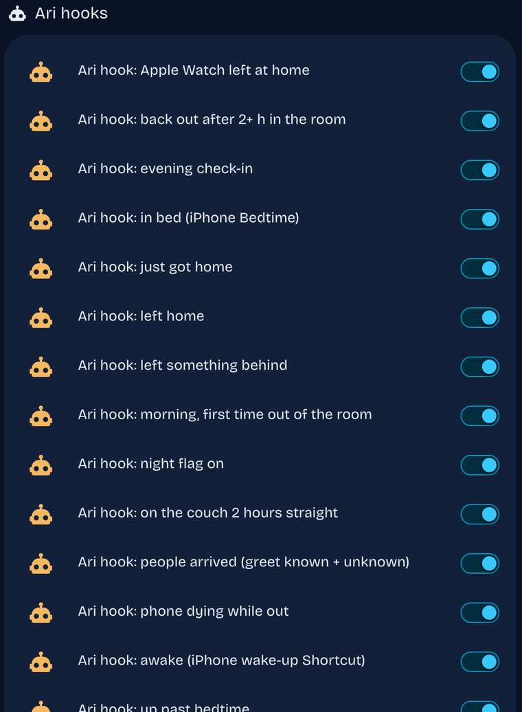 The list of Ari hooks in Home Assistant, each with an on/off switch: left home, just got home, on the couch 2 hours straight, left something behind, up past bedtime, and more