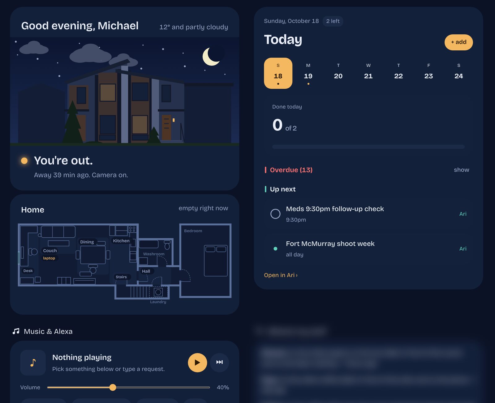 The Home Assistant dashboard: a greeting with an illustrated building, a floorplan with the couch glowing, and Ari's Today list