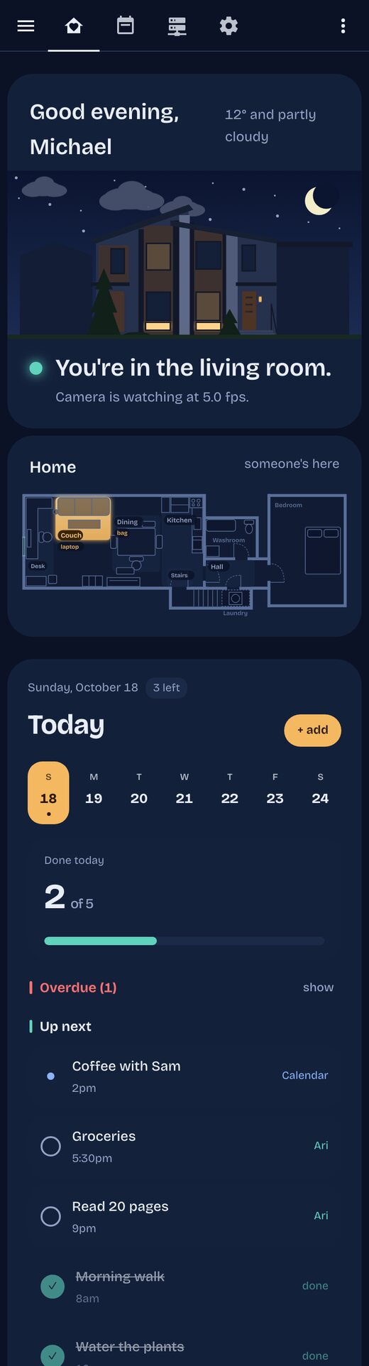 The same dashboard on a phone: greeting, floorplan, and the Today list stacked in one column