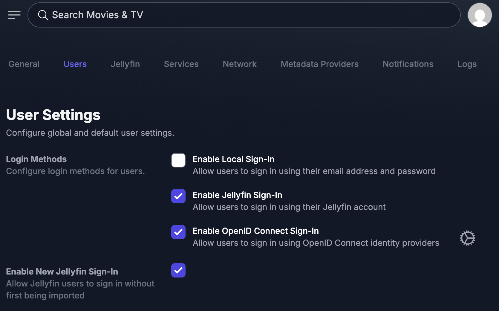 Jellyseerr login methods showing Enable Local Sign-In, Enable Jellyfin Sign-In, and Enable OpenID Connect Sign-In toggles